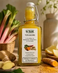 Menu autour du vinaigre à la pulpe de rhubarbe-gingembre et curcuma