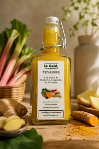 Vinaigre à la pulpe de Rhubarbe-Gingembre et Curcuma